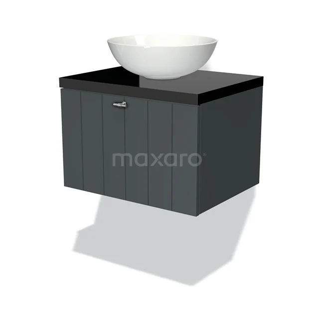 Dunkelgrau schwebendes Badmöbel mit weißem Aufsatzwaschbecken, matt schwarzer Platte und einer Tür. Zeitloses und modernes Design.