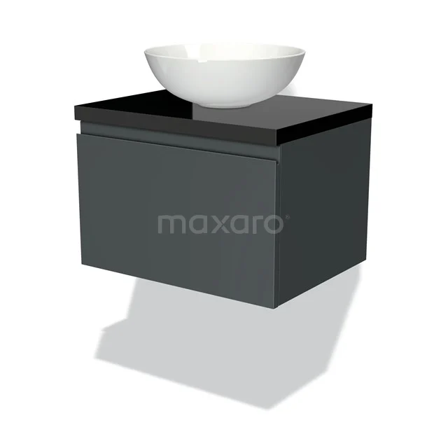Dunkelgraue Badmöbelset mit schwarzer Oberseite und weißem Aufsatzwaschbecken, modernes Design.