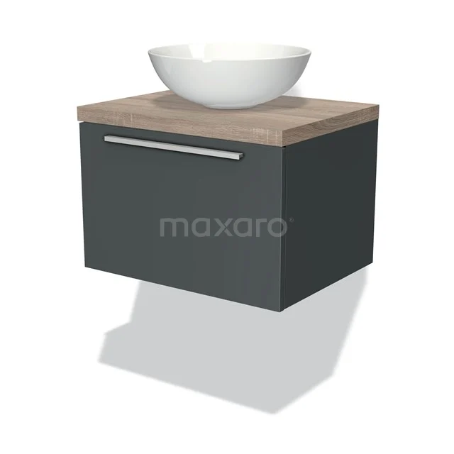 Badmöbel für Waschtischunterschrank mit Konsole 60cm Modulo Plato Dunkelgrau 1 Schublade Flach Eiche Platte BMK11-00768 Zwevend Badmöbel antrazit mit Holzlook Platte und runder Aufsatzwaschbecken, kompakt und modernes Design.