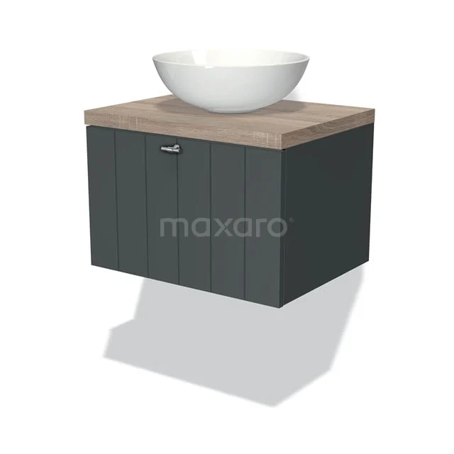 Dunkelgrauer hängender Badschrank mit Holzlook Platte und rundem weißen Aufsatzwaschbecken, ideal für eine moderne Badezimmer Einrichtung.