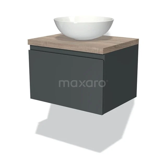 Graues Badezimmermöbel mit Holzplatte und weißem Aufsatzwaschbecken, modernes Design aus Premium-Serie.