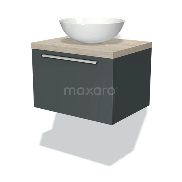 Wandmontierte graue Badmöbel mit Eichenplatte und weißem rundem Aufsatzwaschbecken, modernes und kompaktes Design.