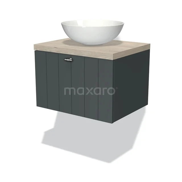 Graue Badmöbel mit Holzplatte und weißem rundem Aufsatzwaschbecken, ideal für eine moderne Badezimmergestaltung.