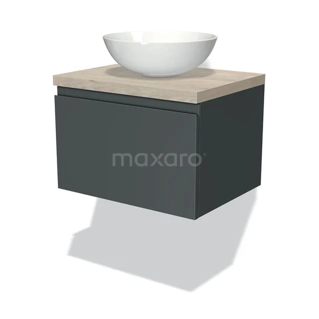 Grauer schwebender Badschrank mit Holzplatte und weißem runden Aufsatzwaschbecken, ideal für moderne Badezimmergestaltung.