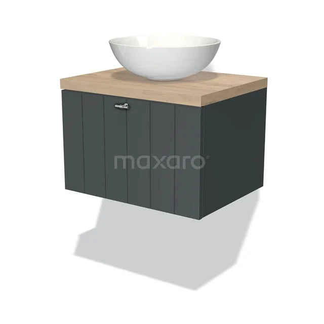 Dunkelgraue Badmöbelset mit Holzlook Platte und weißem Aufsatzwaschbecken; modernes Design und Wandmontage.