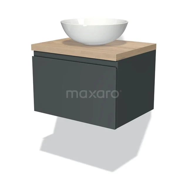 Moderne Badmöbelset: Schwarz hängendes Schränkchen, Holzplatte, weiße schalenförmige Waschbecken. Perfekt für stilvolle Bäder.