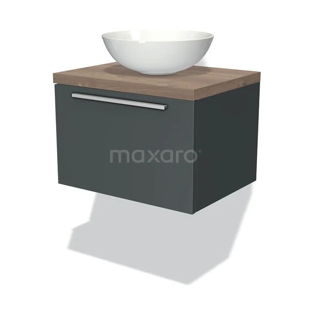 Graue Badmöbelset mit Holzlook Platte und weißem Aufsatzwaschbecken, modernes Design, ideal für kompakte Bäder.