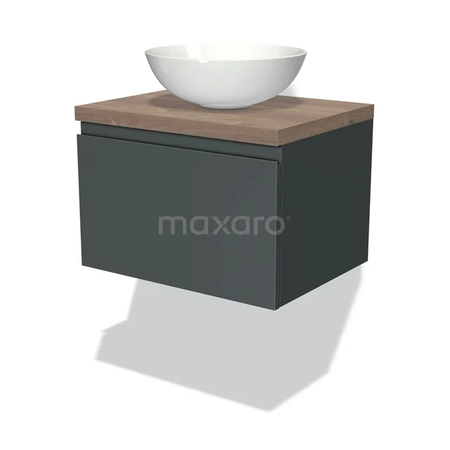Badmöbel für Waschtischunterschrank mit Konsole 60cm Modulo Plato Dunkelgrau 1 Schublade Grifflos mittelbraune Eiche Platte BMK11-00779 Dunkelgraue Badmöbel mit Holzlook Platte und weißem ovalen Aufsatzwaschbecken, modernes hängendes Design für ein stilvolles Badezimmer.