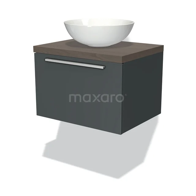 Grauer hängender Badschrank mit Holzplatte und weißem Aufsatzwaschbecken, modernes Design, ideal für stilvolle Badezimmergestaltung.