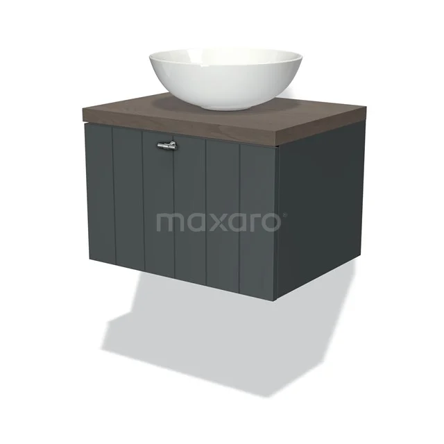 Badmöbel für Waschtischunterschrank mit Konsole 60cm Modulo Plato Dunkelgrau 1 Schublade Lamelle Dunkelbraune Eiche Platte BMK11-00781 Graues hängendes Badmöbel mit dunkler Holzoptik und weißem rundem Waschbecken, ideal für moderne Badezimmergestaltung.