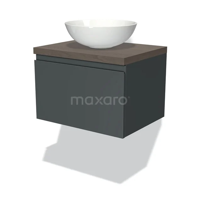 Zwevende Badmöbel Dunkelgrau mit Holzlook Platte und rundes Waschbecken, modernes Design.