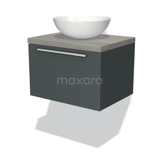 Grauer hängender Badschrank mit Holzoptik Platte und weißem runden Aufsatzwaschbecken, modernes Design.