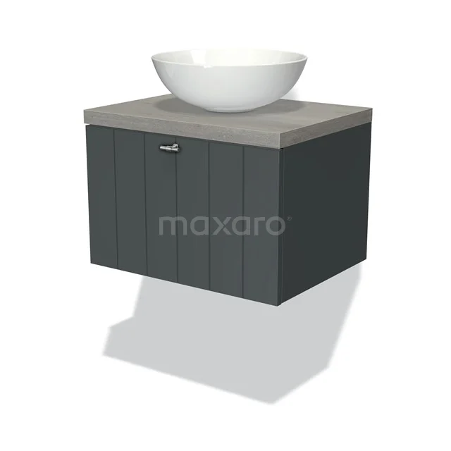 Graues schwebendes Waschtischmöbel mit Holzmaserung, Betonplatte und weißem, rundem Aufsatzwaschbecken; stilvolles Badezimmerdesign.