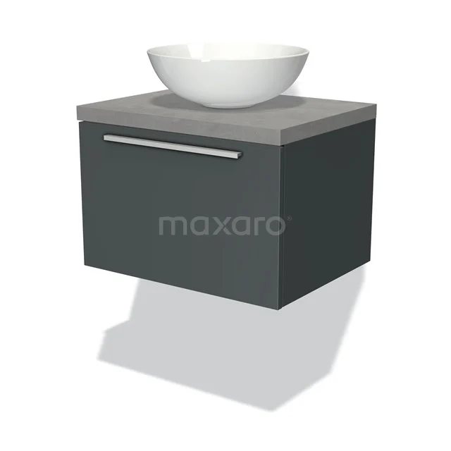 Donkergrijze zwevende badkamermeubel met een witte ronde wastafel, moderne uitstraling, ideaal voor compacte badkamers.