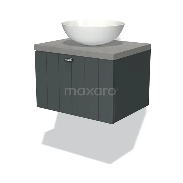 Badmöbel für Waschtischunterschrank mit Konsole 60cm Modulo Plato Dunkelgrau 1 Schubladen-Lamelle Hellgrauer Beton Platte BMK11-00787 Dunkelgraue Badmöbelset mit stehender Waschbecken, Holzlook-Oberfläche und einer Schublade, ideal für ein modernes Badezimmer.