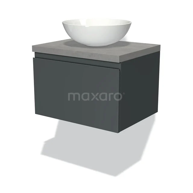 Zwevende Badmöbel mit mattschwarzer Schublade, Beton Platte und runder weißer Aufsatzwaschbecken, modernes Design für Luxus Bäder.