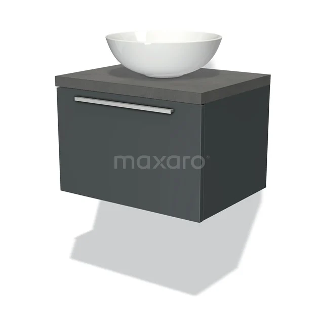 Badmöbel für Waschtischunterschrank mit Konsole 60cm Modulo Plato Dunkelgrau 1 Schublade Flach Dunkelgrauer Beton Platte BMK11-00789 Dunkelgrauer Badschrank mit Schublade und weißer Keramikschale; moderne Wandmontage und schlankes Design.