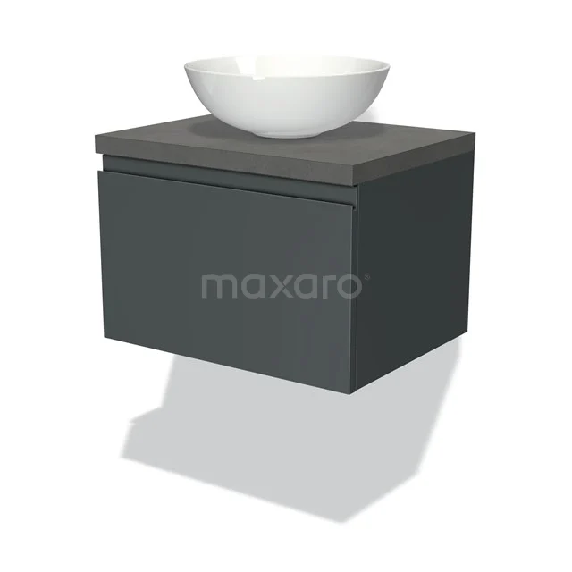 Badmöbel für Aufsatzwaschbecken 60cm Modulo Plato Dunkelgrau 1 Schublade grifflos Dunkelgrauer Beton Platte BMK11-00791 Dunkelgrau schwebendes Badezimmermöbel mit matter Oberfläche und rundem weißen Aufsatzwaschbecken, modernes Design.