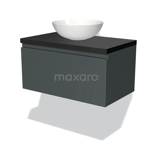 Dunkelgrauer hängender Badschrank mit schwarzer Platte und weißem rundem Aufsatzwaschbecken, moderner Stil.