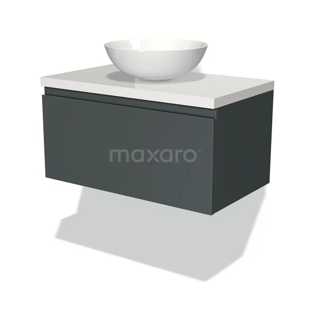 Dunkelgraue Badmöbelset mit weißem Aufsatzwaschbecken, schlichtes Design, hängendes Modell für moderne Bäder.