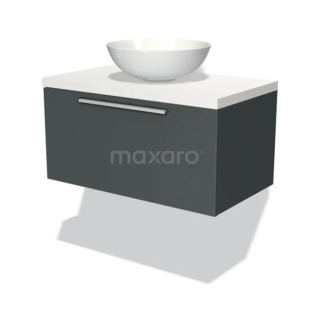 Modulo Plato Badmöbel mit Aufsatzwaschbecken | 80 cm Dunkelgrau Flach front Matt Weiß blatt 1 Schublade BMK11-00801 Dunkelgraues schwebendes Waschtischmöbel mit weißem Kunststoff-Aufsatzwaschbecken und verchromtem Haltegriff, perfekt für einen modernen Badezimmerstil.