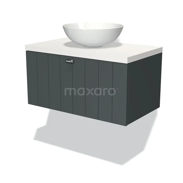 Dunkelgrau hängendes Badezimmermöbel mit Holzpaneelen, weißer Waschbecken und schickem Design für moderne Bäder.