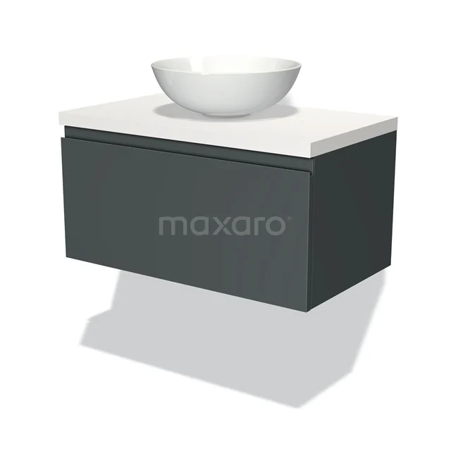 Dunkelgraue schwebende Badmöbel mit weißer Waschbecken und klarem Design, ideal für moderne Bäder.