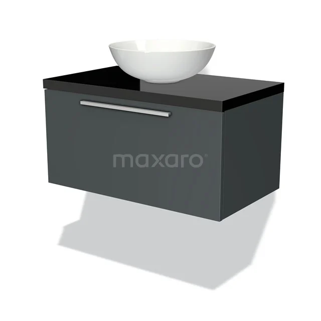 Badmöbel für Waschtischunterschrank mit Konsole 80cm Modulo Plato Dunkelgrau 1 Schublade Flach Hochglanz Schwarz Platte BMK11-00804 Graues Badmöbel mit schwarzer Oberseite und weißem Aufsatzwaschbecken, modernes Design, ideal für eine stilvolle Badezimmerinrichtung.