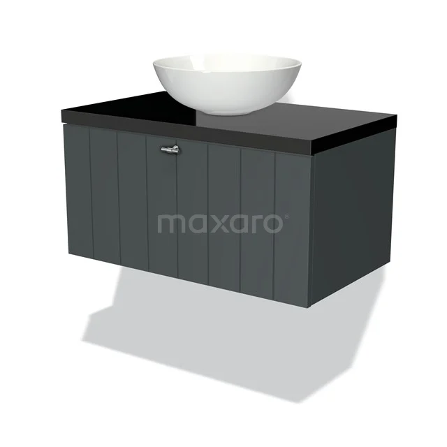 Badmöbel für Waschtischunterschrank mit Konsole 80cm Modulo Plato Dunkelgrau 1 Schublade Lamelle Hochglanz Schwarz Platte BMK11-00805 Graues schwebendes Badezimmermöbel mit einer schwarzen Platte und einem weißen runden Aufsatzwaschbecken, modernes Design aus nachhaltigem Holz.