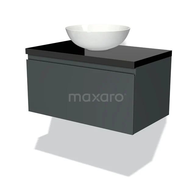 Schwebendes anthrazitfarbenes Badezimmermöbel mit schwarzer Oberseite und weißem Aufsatzwaschbecken, modernes Design aus hochwertigen Materialien.