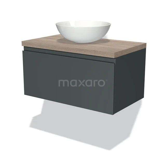 Grau Badmöbel mit Holzlook Platte und weißem rundem Aufsatzwaschbecken, modernes Design für stilvolle Bäder.