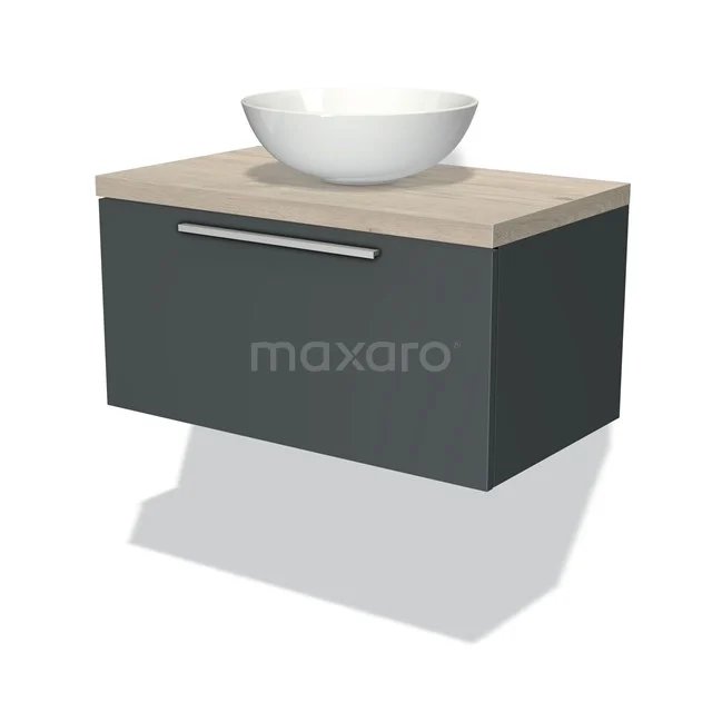 Moderne hängende Badschrank mit dunkelgrauer Oberfläche, heller Holzplatte und integriertem weißen Waschbecken.