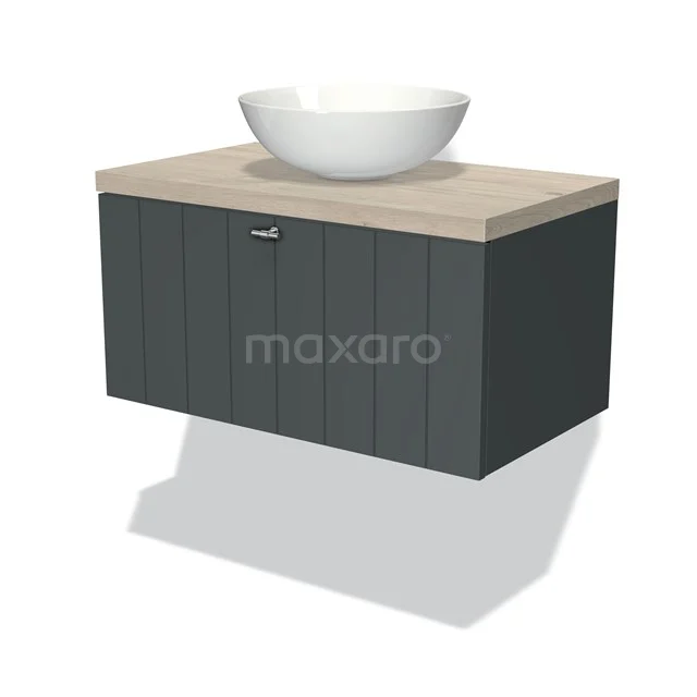 Badmöbel für Aufsatzwaschbecken 80cm Modulo Plato Dunkelgrau 1 Schubladen Lamelle Hellgraue Eiche Platte BMK11-00811 Moderne graue Badmöbel mit Holzlook Platte und weißem Aufsatz Waschbecken, schlankes Design und praktischer Stauraum.