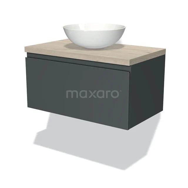 Badmöbel für Aufsatzwaschbecken 80cm Modulo Plato Dunkelgrau 1 Schublade Grifflos Hellgraue Eiche Platte BMK11-00812 Wandhängendes antrazit Badezimmermöbel mit Holz Platte und runder weißer Waschbecken, modernes Design, ideal für kleine Bäder.