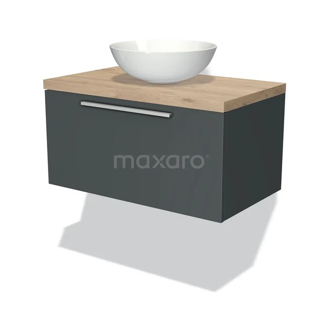 Modulo Plato Badmöbel mit Aufsatzwaschbecken | 80 cm Dunkelgrau Flach front Hellbraune Eiche blatt 1 Schublade BMK11-00813 Wandhängendes Badmöbel Grau mit Holzplatte und rundem Waschbecken, modernes Design, ideal für kompakte Bäder.