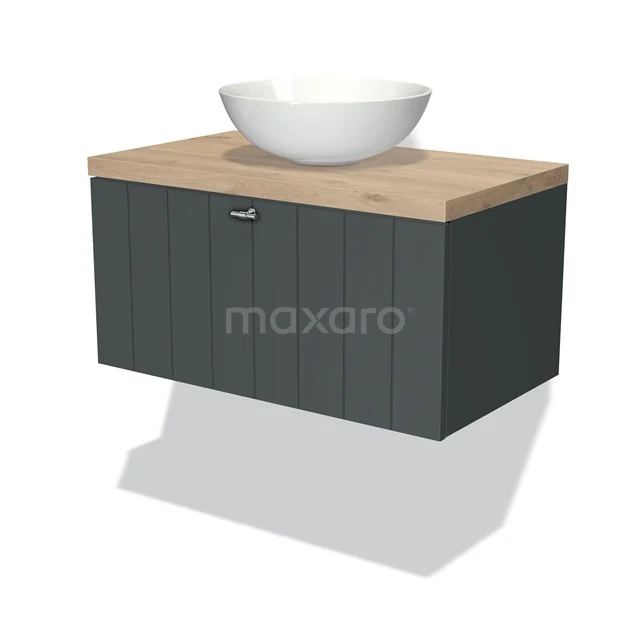 Moderne graue Badmöbel mit Holzlook Platte und runder weißer Aufsatzwaschbecken, geeignet für stilvolle Badezimmerinrichtung.