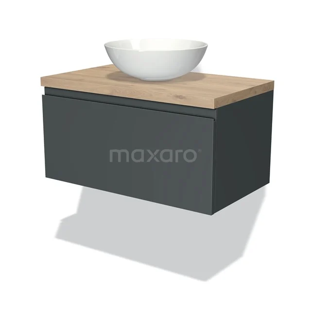 Zwevende Badmöbel mit mattschwarzem Schrank, Holz Platte und weißem Aufsatzbecken, modernes Design.