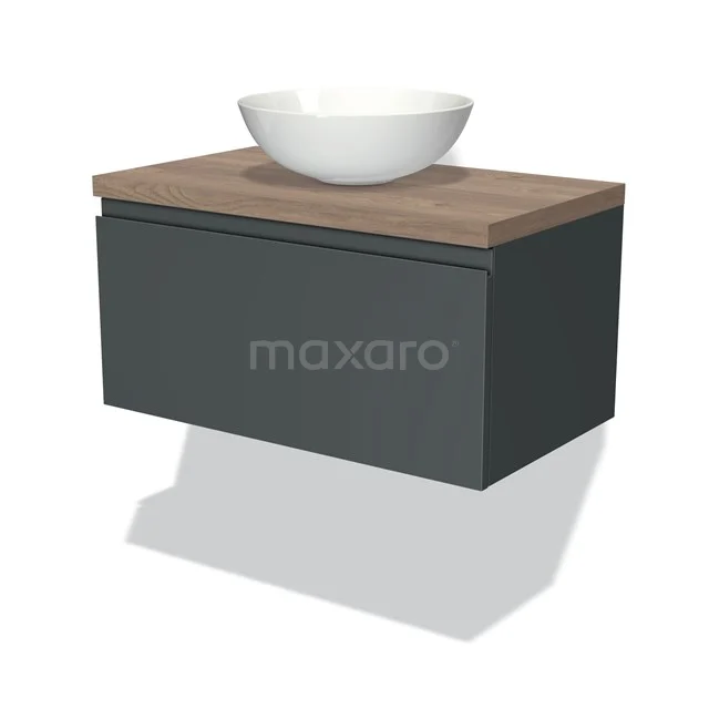 Modulo Plato Vanity units for countertop basin | 80 cm Dark grey Handle-less front Mid brown oak worktop 1 drawer BMK11-00818