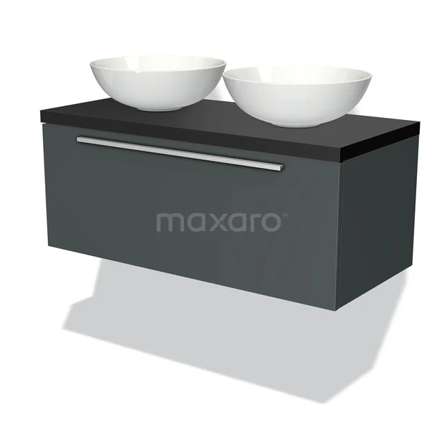 Modulo Plato Badmöbel mit Aufsatzwaschbecken | 100 cm Dunkelgrau Flach front Matt Schwarz blatt 1 Schublade BMK11-00831 Dunkelgrauer schwebender Badschrank mit schwarzer Platte und zwei weißen Aufsatzwaschbecken, modernes Design und metallischer Haltegriff.