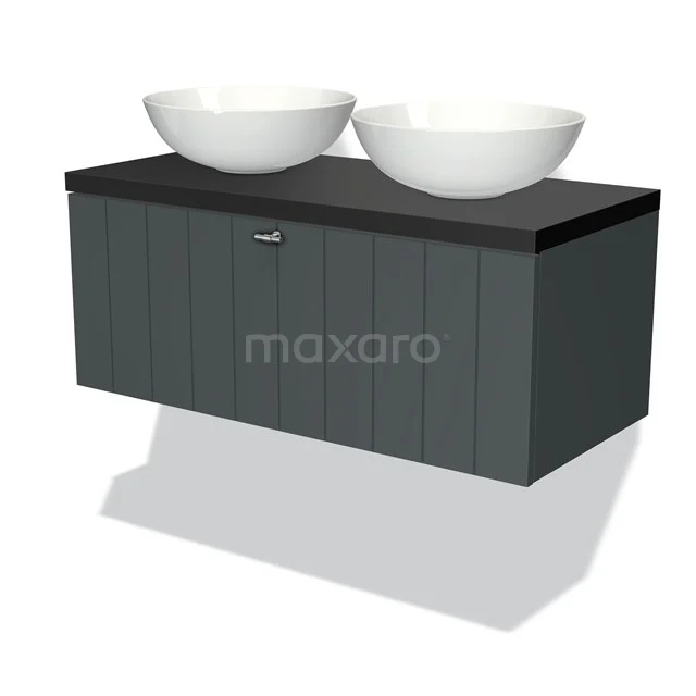 Badmöbel für Waschtischunterschrank mit Konsole 100cm Modulo Plato Dunkelgrau 1 Schublade Lamelle Matt Schwarz Platte BMK11-00832 Dunkelgraue Wandmontage Badmöbel mit zwei weißen Waschbecken, Holzlook-Finish und schlankem modernem Design.