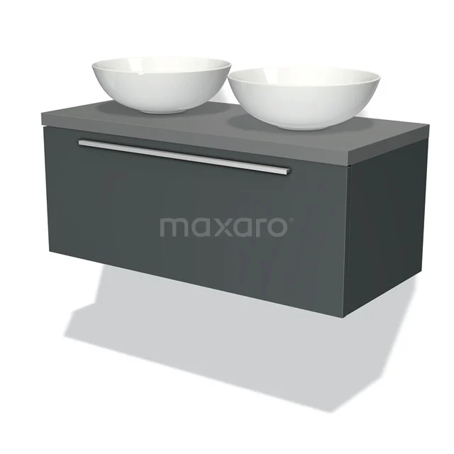 Graues hängendes Badmöbel mit zwei weißen Aufsatzwaschbecken, schlichtes Design und metallischem Haltegriff.