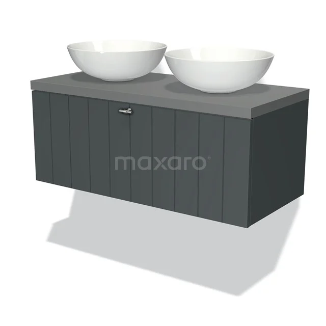 Graue schwebende Badmöbelset mit doppelten Aufsatzwaschbecken, Holzoptik-Finish und schlankem Design für einen modernen Badezimmerstil.