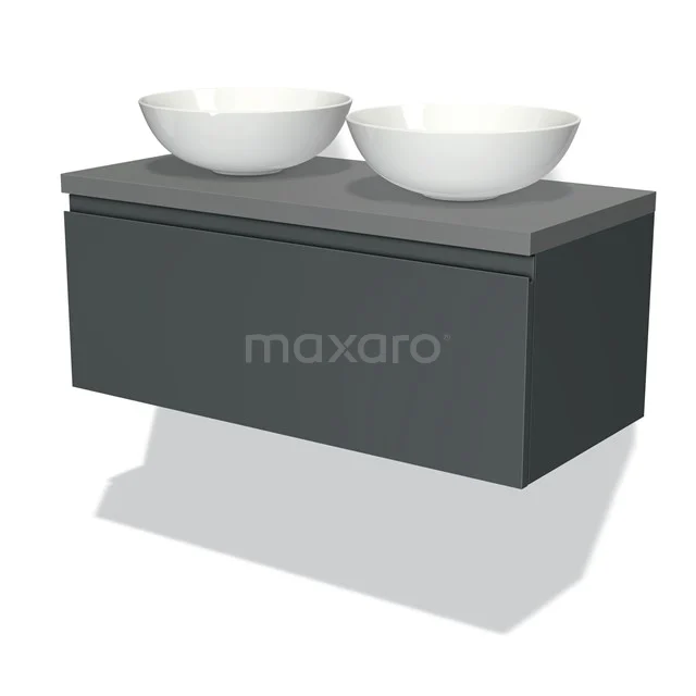 Badmöbel für Waschtischunterschrank mit Konsole 100cm Modulo Plato Dunkelgrau 1 Schublade Grifflos Mittelgrau Platte BMK11-00836 Dunkelgrauer schwebender Badschrank mit zwei weißen Aufsatzwaschbecken, modernes Design, ideal für ein stilvolles Badezimmer.