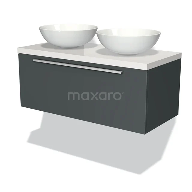 Dunkelgrau schwebendes Badezimmermöbel mit doppelten weißen Aufsatzwaschbecken, modernes Design mit klaren Linien und chromfarbener Haltegriff.