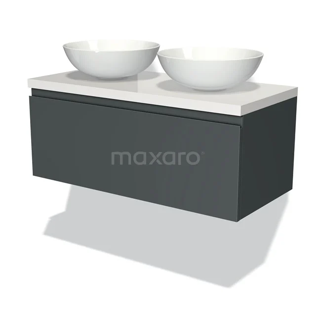 Graues schwebendes Badezimmermöbel mit doppeltem weißen komförmigen Waschbecken-Design, modern und elegant für stilvolle Badezimmergestaltung.