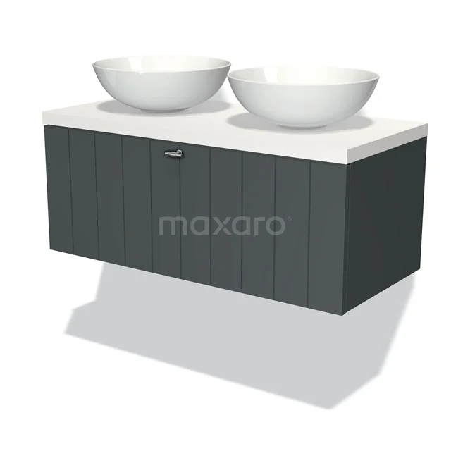 Modulo Plato Badmöbel mit Aufsatzwaschbecken | 100 cm Dunkelgrau Lamelle front Matt Weiß blatt 1 Schublade BMK11-00841 Graues Holz-Badmöbel mit zwei weißen Aufsatzwaschbecken, modernes hängendes Design für stilvolle Badezimmergestaltung.