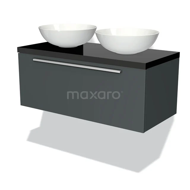 Grau hängendes Badmöbel mit schwarzer Platte und zwei weißen komförmigen Waschbecken, modernes Design.