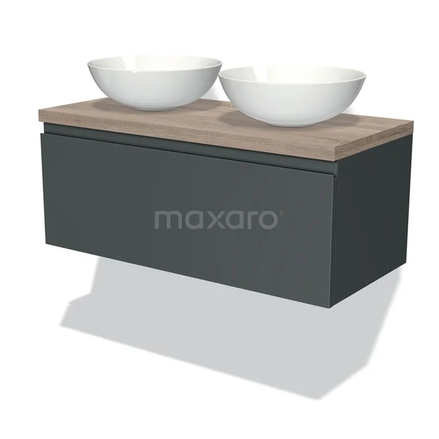 Zwevende antrazit Badmöbel mit Holzplatte und zwei weißen Aufsatzwaschbecken, modernes Design für elegante Badezimmerstil.