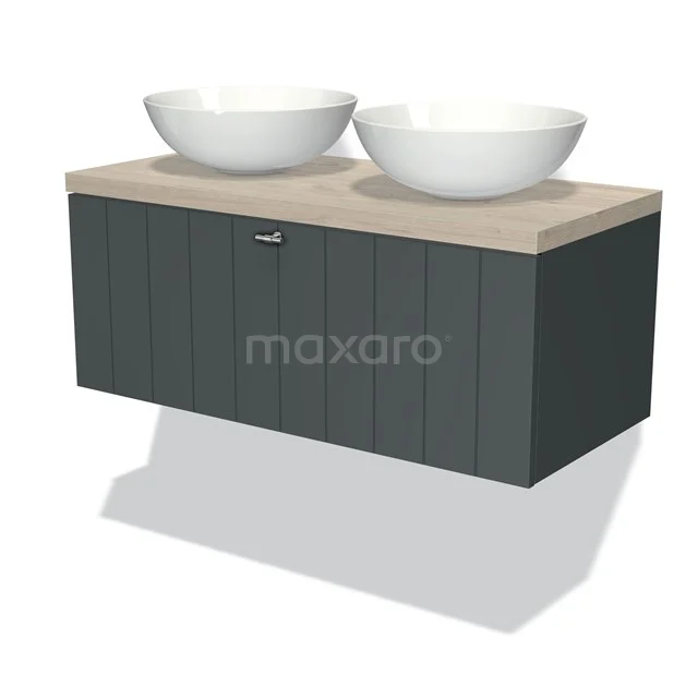 Zwevende badkamermeubel, donkergrijze houtlook, met twee witte waskommen en een beige blad, modern design.