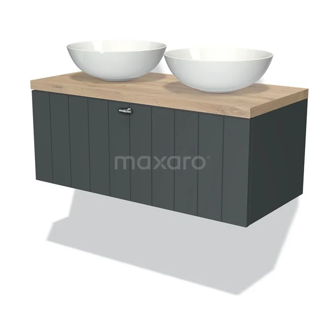 Badmöbel für Aufsatzwaschbecken 100cm Modulo Plato Dunkelgrau 1 Schubladen Lamelle Hellbraune Eiche Platte BMK11-00853 Dunkelgrau Holz Badezimmermöbel mit Holzoptik Platte und zwei weißen Aufsatzwaschbecken, schlicht und modernes Design.